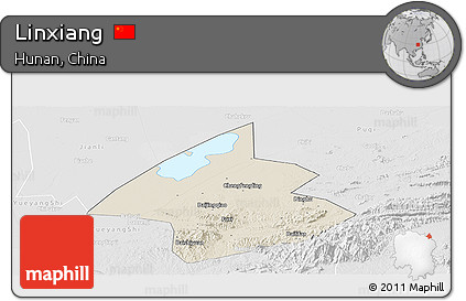 Shaded Relief Panoramic Map of Linxiang, lighten, desaturated