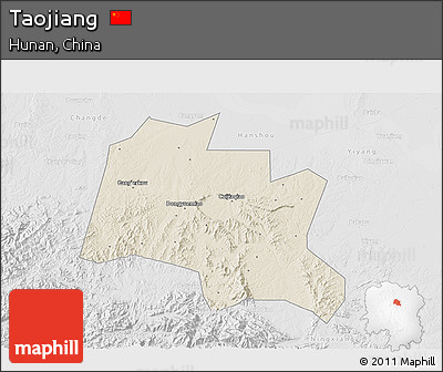 Shaded Relief 3D Map of Taojiang, lighten, desaturated