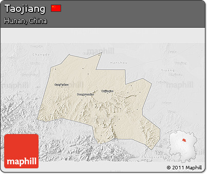 Shaded Relief 3D Map of Taojiang, lighten, desaturated