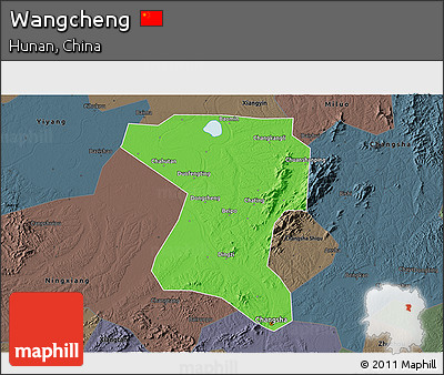 Political 3D Map of Wangcheng, darken, semi-desaturated