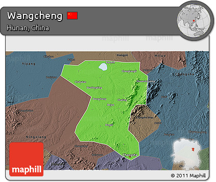 Political 3D Map of Wangcheng, darken, semi-desaturated