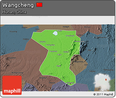 Political 3D Map of Wangcheng, darken, semi-desaturated