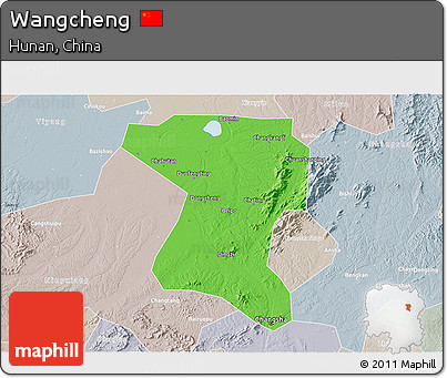 Political 3D Map of Wangcheng, lighten, semi-desaturated