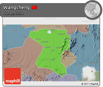 Political 3D Map of Wangcheng, semi-desaturated