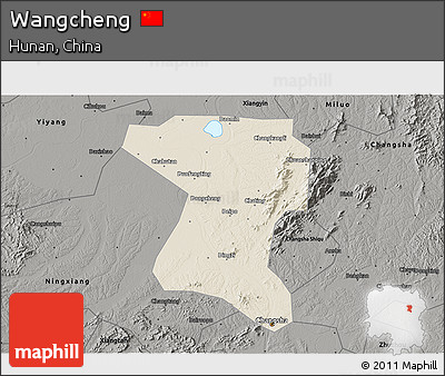 Shaded Relief 3D Map of Wangcheng, darken, semi-desaturated