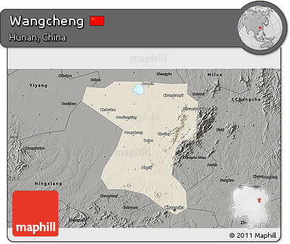 Shaded Relief 3D Map of Wangcheng, darken, semi-desaturated