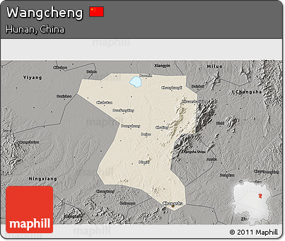 Shaded Relief 3D Map of Wangcheng, darken, semi-desaturated