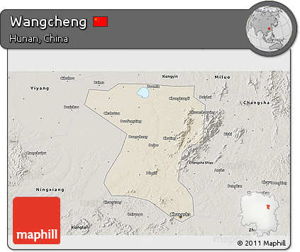 Shaded Relief 3D Map of Wangcheng, semi-desaturated