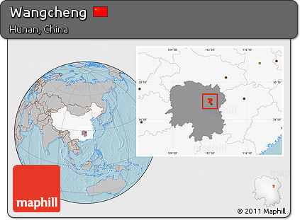 Gray Location Map of Wangcheng, highlighted country, highlighted parent region, hill shading
