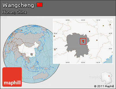 Gray Location Map of Wangcheng, highlighted country, highlighted parent region, hill shading