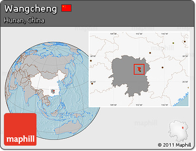 Gray Location Map of Wangcheng, highlighted country, highlighted parent region, hill shading