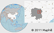 Gray Location Map of Wangcheng, highlighted country, highlighted parent region, hill shading