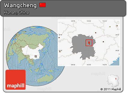 Savanna Style Location Map of Wangcheng, highlighted country, highlighted parent region, hill shading