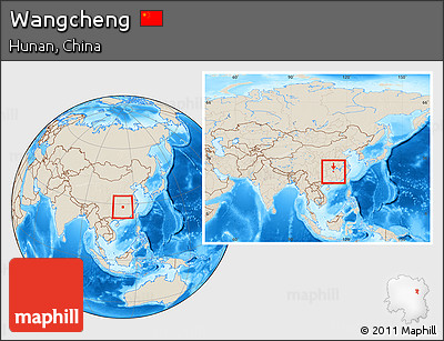 Shaded Relief Location Map of Wangcheng, within the entire country