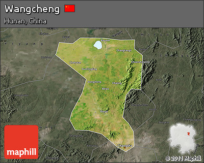 Satellite Map of Wangcheng, darken, semi-desaturated