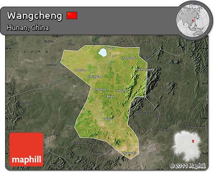 Satellite Map of Wangcheng, darken, semi-desaturated