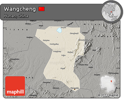 Shaded Relief Map of Wangcheng, darken, semi-desaturated