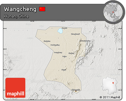 Shaded Relief Map of Wangcheng, lighten, semi-desaturated