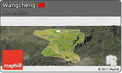 Satellite Panoramic Map of Wangcheng, darken, semi-desaturated