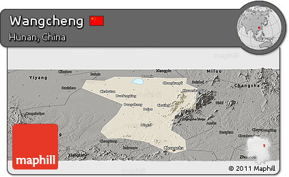Shaded Relief Panoramic Map of Wangcheng, darken, semi-desaturated