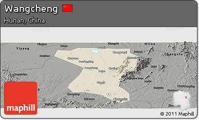 Shaded Relief Panoramic Map of Wangcheng, darken, semi-desaturated