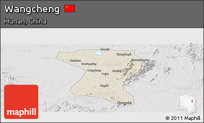 Shaded Relief Panoramic Map of Wangcheng, lighten, desaturated