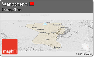 Shaded Relief Panoramic Map of Wangcheng, lighten, desaturated