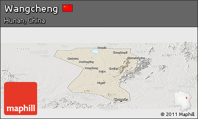 Shaded Relief Panoramic Map of Wangcheng, lighten, semi-desaturated