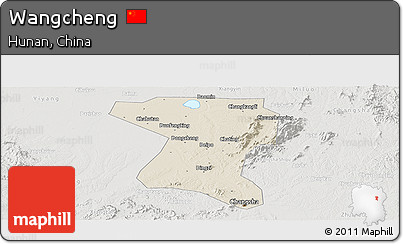 Shaded Relief Panoramic Map of Wangcheng, lighten, semi-desaturated