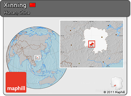 Gray Location Map of Xinning, highlighted parent region, hill shading