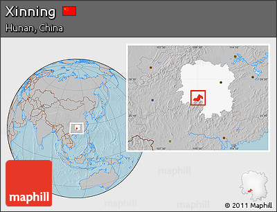 Gray Location Map of Xinning, highlighted parent region, hill shading