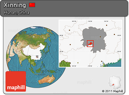 Satellite Location Map of Xinning, highlighted country, highlighted parent region