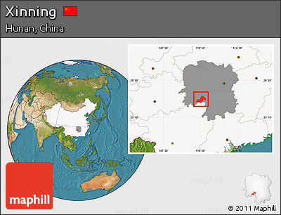 Satellite Location Map of Xinning, highlighted country, highlighted parent region