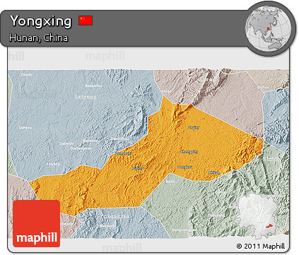 Political 3D Map of Yongxing, lighten, semi-desaturated