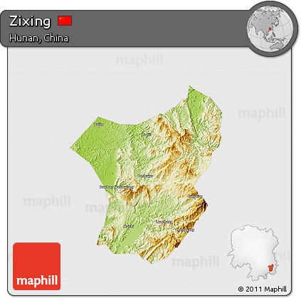Physical 3D Map of Zixing, cropped outside