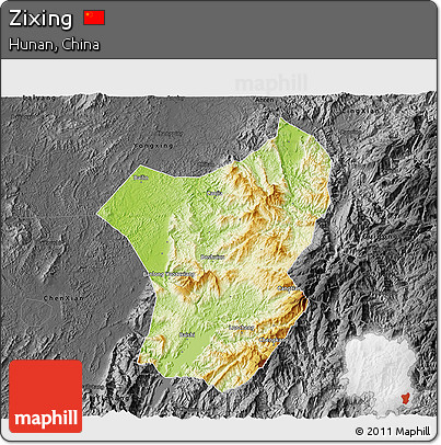 Physical 3D Map of Zixing, darken, desaturated