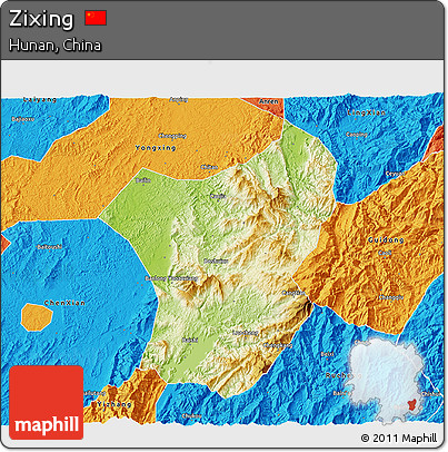 Physical 3D Map of Zixing, political outside