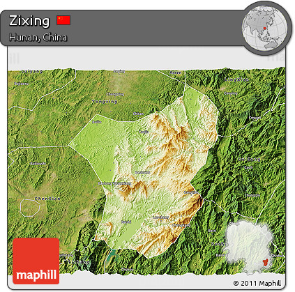 Physical 3D Map of Zixing, satellite outside
