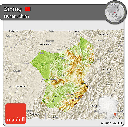 Physical 3D Map of Zixing, shaded relief outside