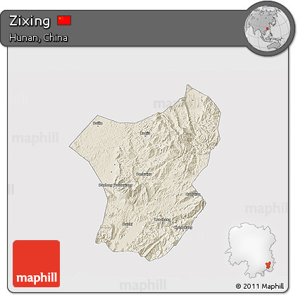Shaded Relief 3D Map of Zixing, cropped outside