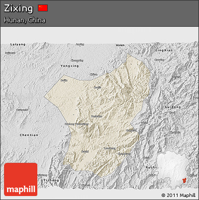Shaded Relief 3D Map of Zixing, desaturated