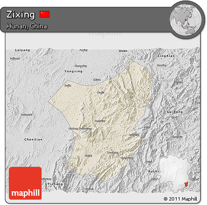 Shaded Relief 3D Map of Zixing, desaturated