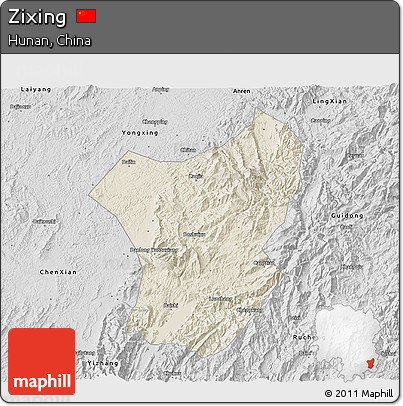 Shaded Relief 3D Map of Zixing, desaturated