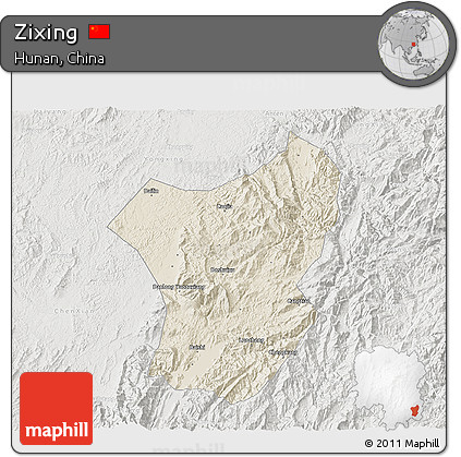 Shaded Relief 3D Map of Zixing, lighten, semi-desaturated