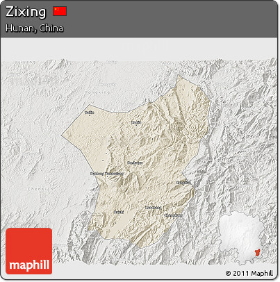 Shaded Relief 3D Map of Zixing, lighten, semi-desaturated