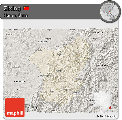 Shaded Relief 3D Map of Zixing, semi-desaturated