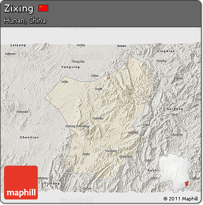 Shaded Relief 3D Map of Zixing, semi-desaturated
