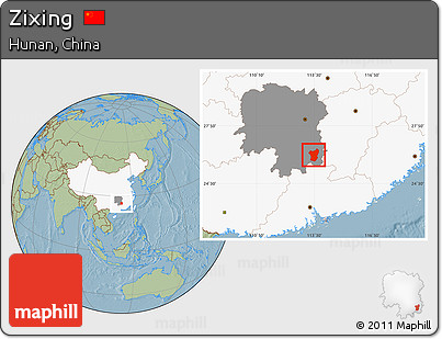 Savanna Style Location Map of Zixing, highlighted country, highlighted parent region, hill shading