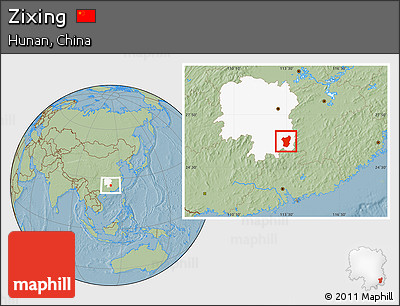 Savanna Style Location Map of Zixing, highlighted parent region, hill shading