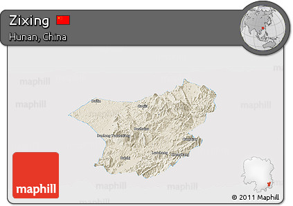Shaded Relief Panoramic Map of Zixing, single color outside